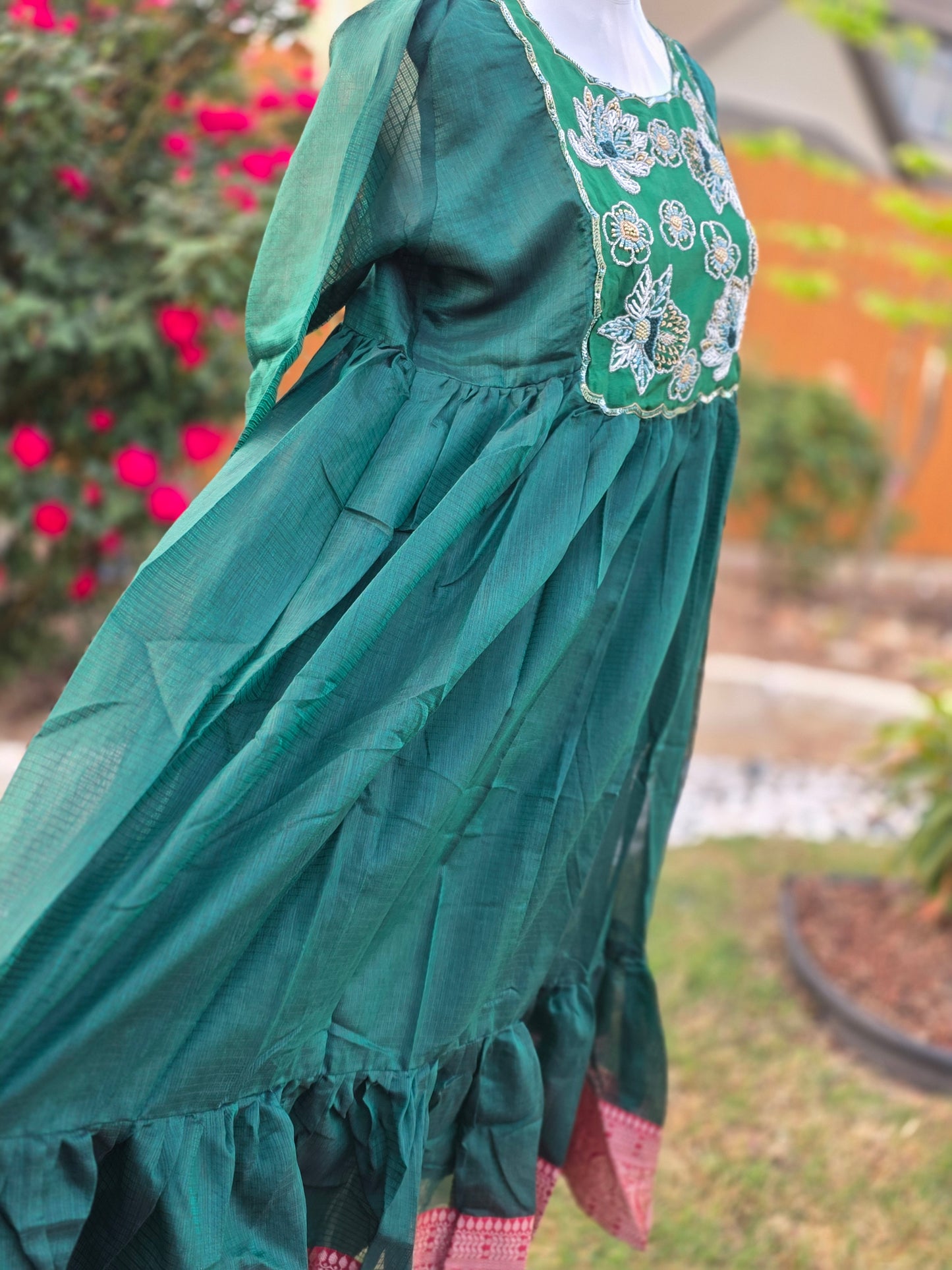 Emerald Garden Kota cotton Embroidered Frock – Bottle Green