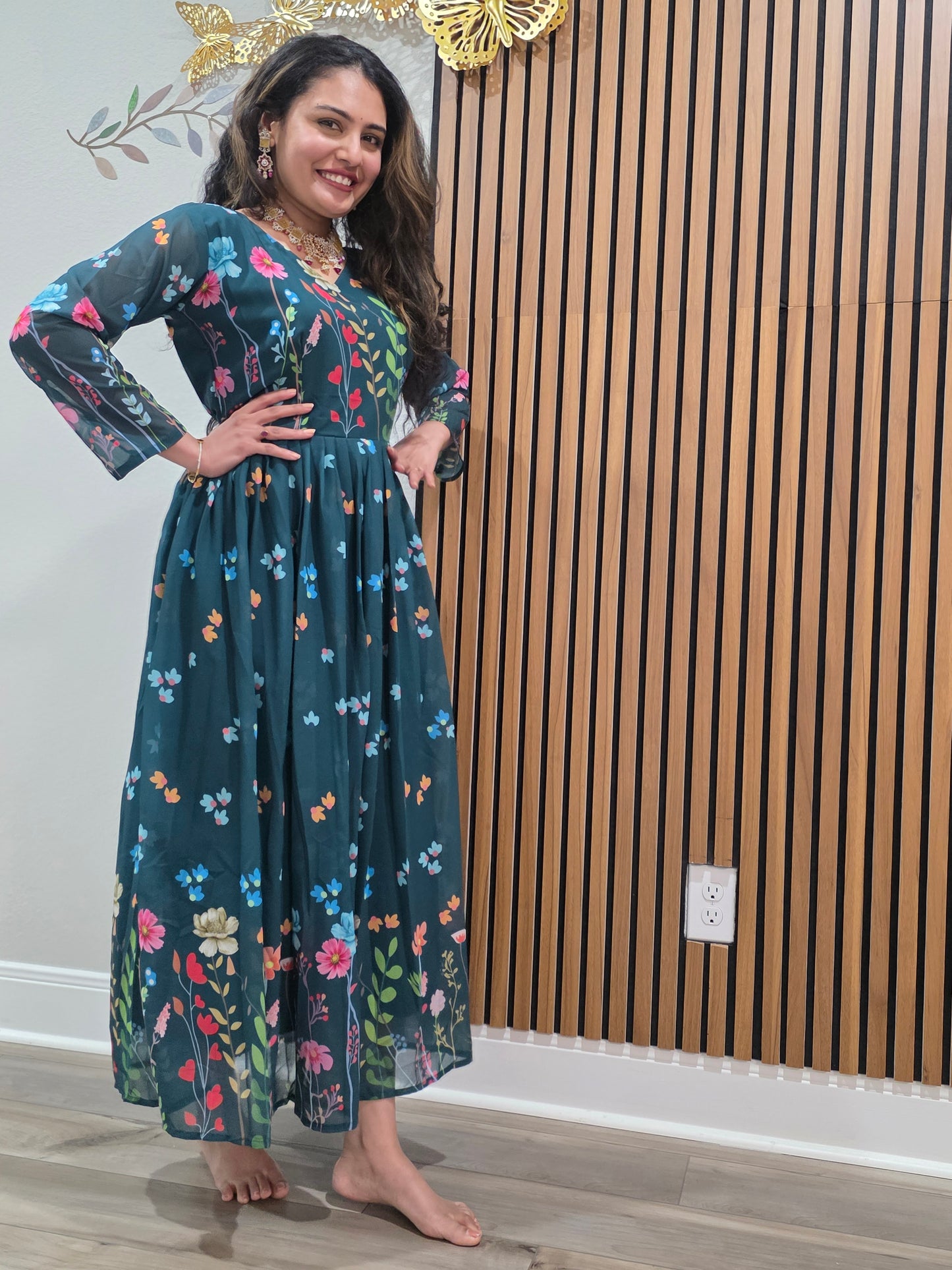 Floral Elegance Bottle Green Georgette Frock