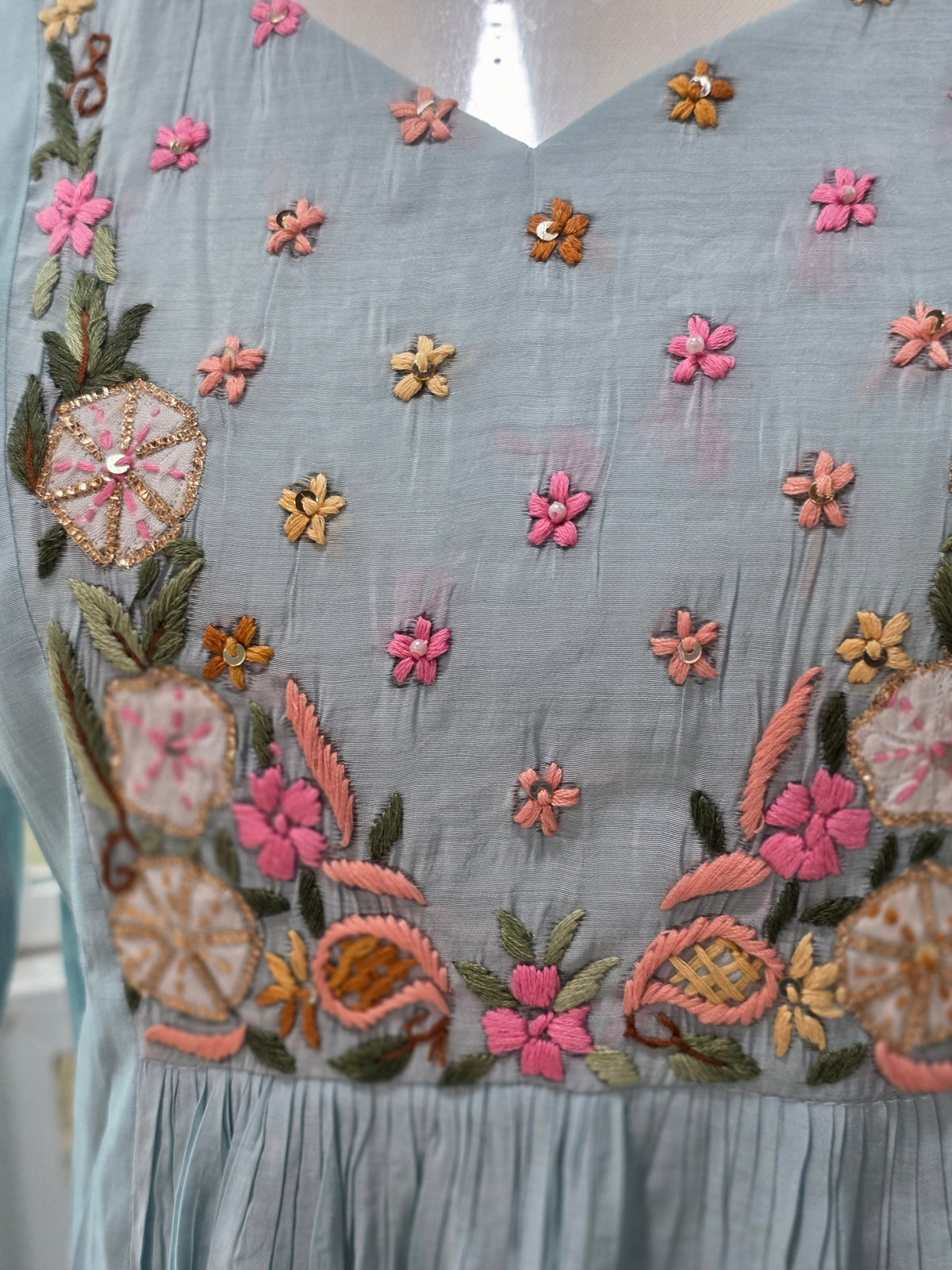 Soft elegant baby blue mull Chanderi 3pc set