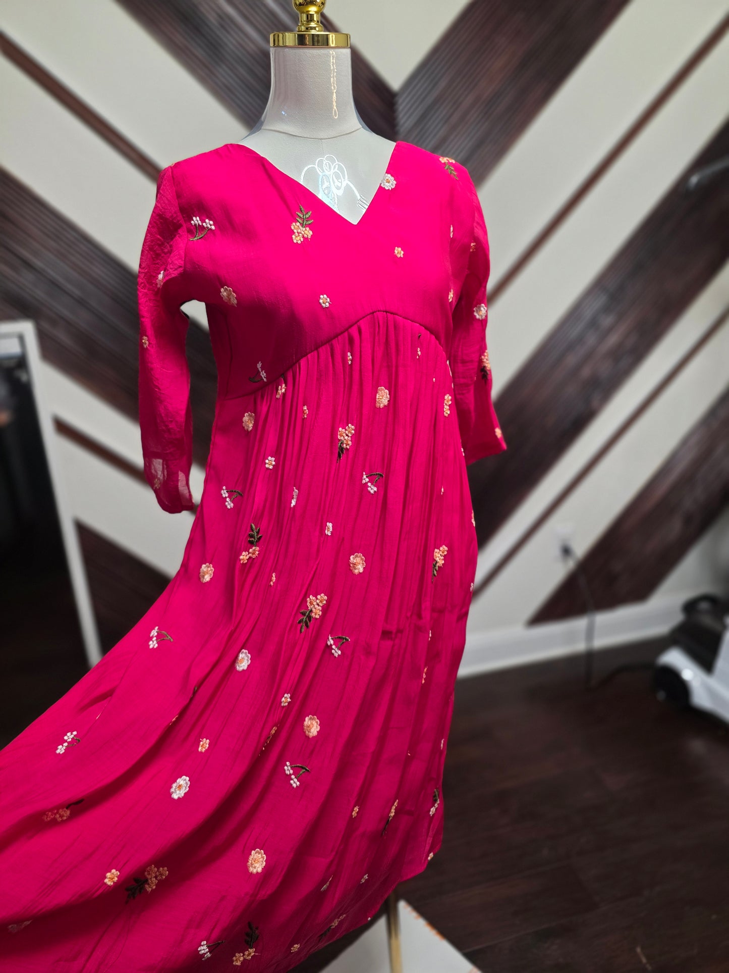 Trendy Chanderi Silk Tunic Frock – Hand-Embroidered Floral Collection