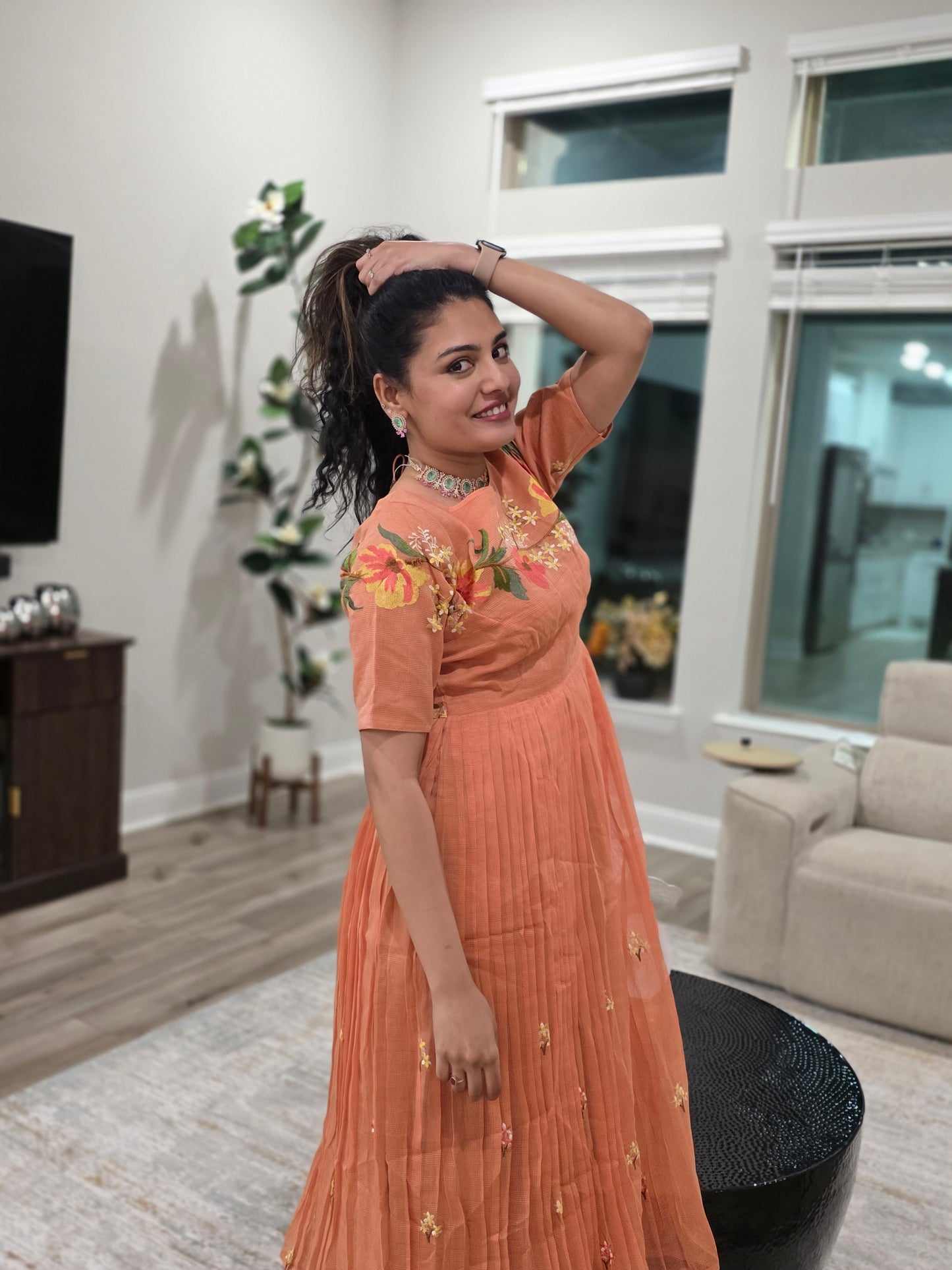 Peach Kota Thread Embroidery Pleated Midi Frock