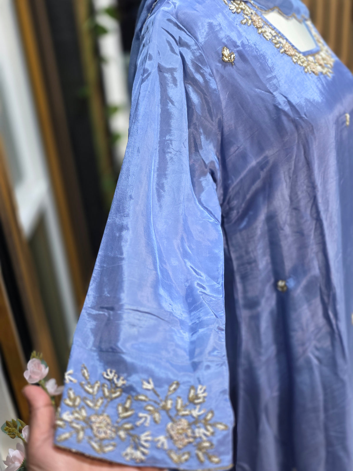 Elegant Crepe Tissue Shine A-Line 3-Piece Suit Set with Embroidered Bottoms