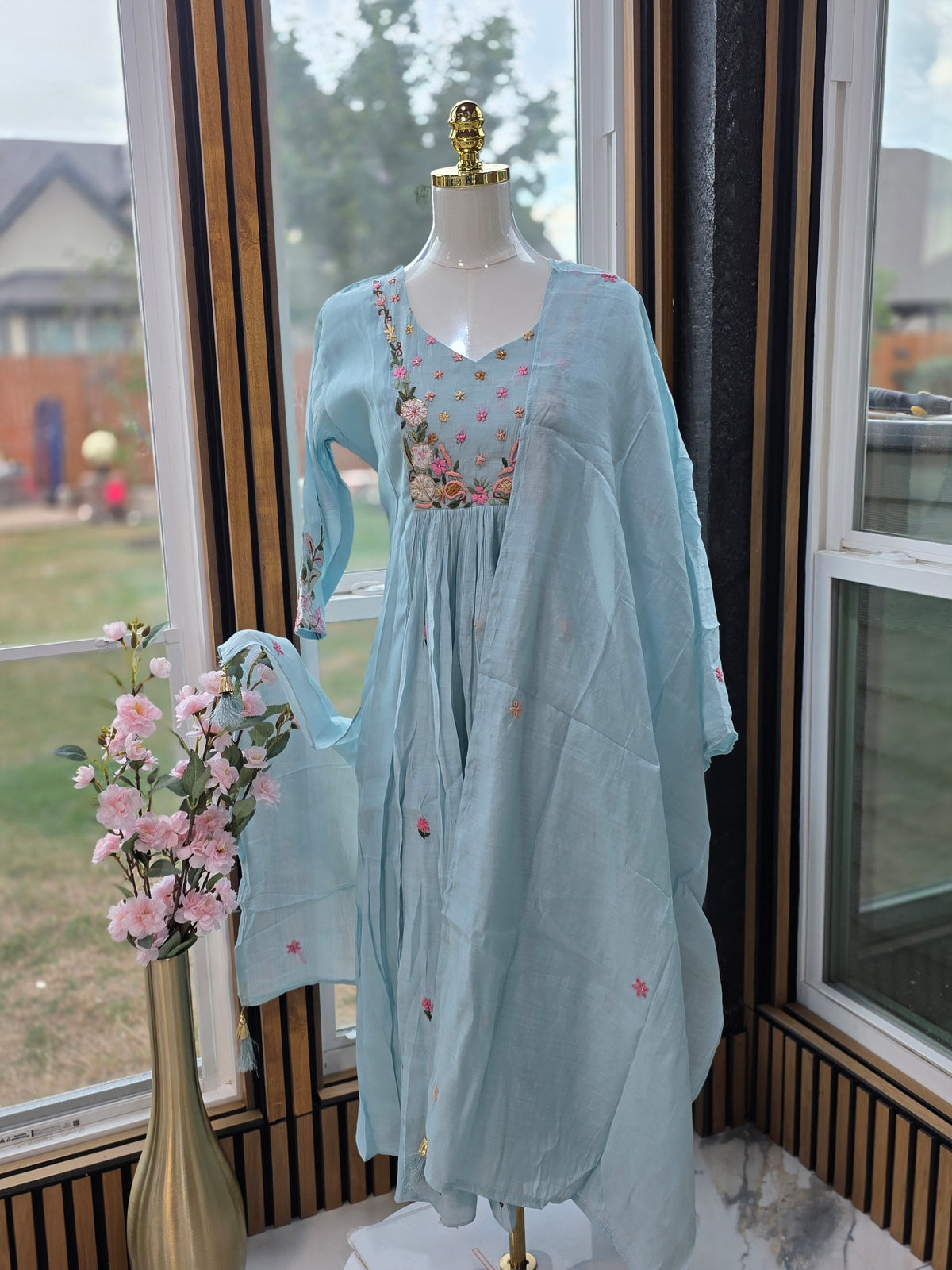 Soft elegant baby blue mull Chanderi 3pc set
