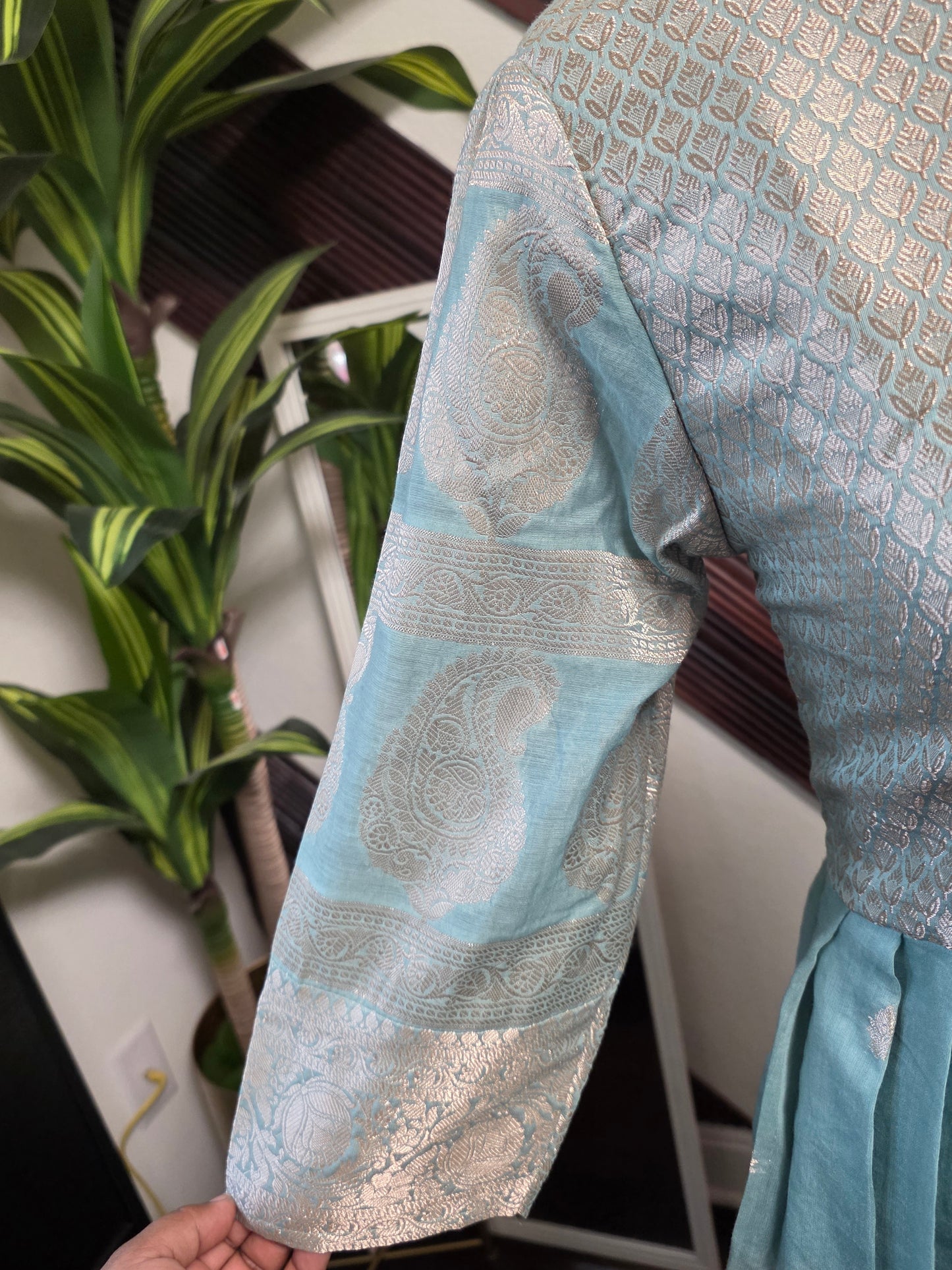 Chanderi cotton light powder blue pleated zero neck full length customized dress