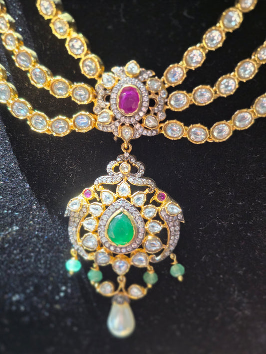 3-Layered Moissanite Rani Necklace with Victorian Finish Locket Set
