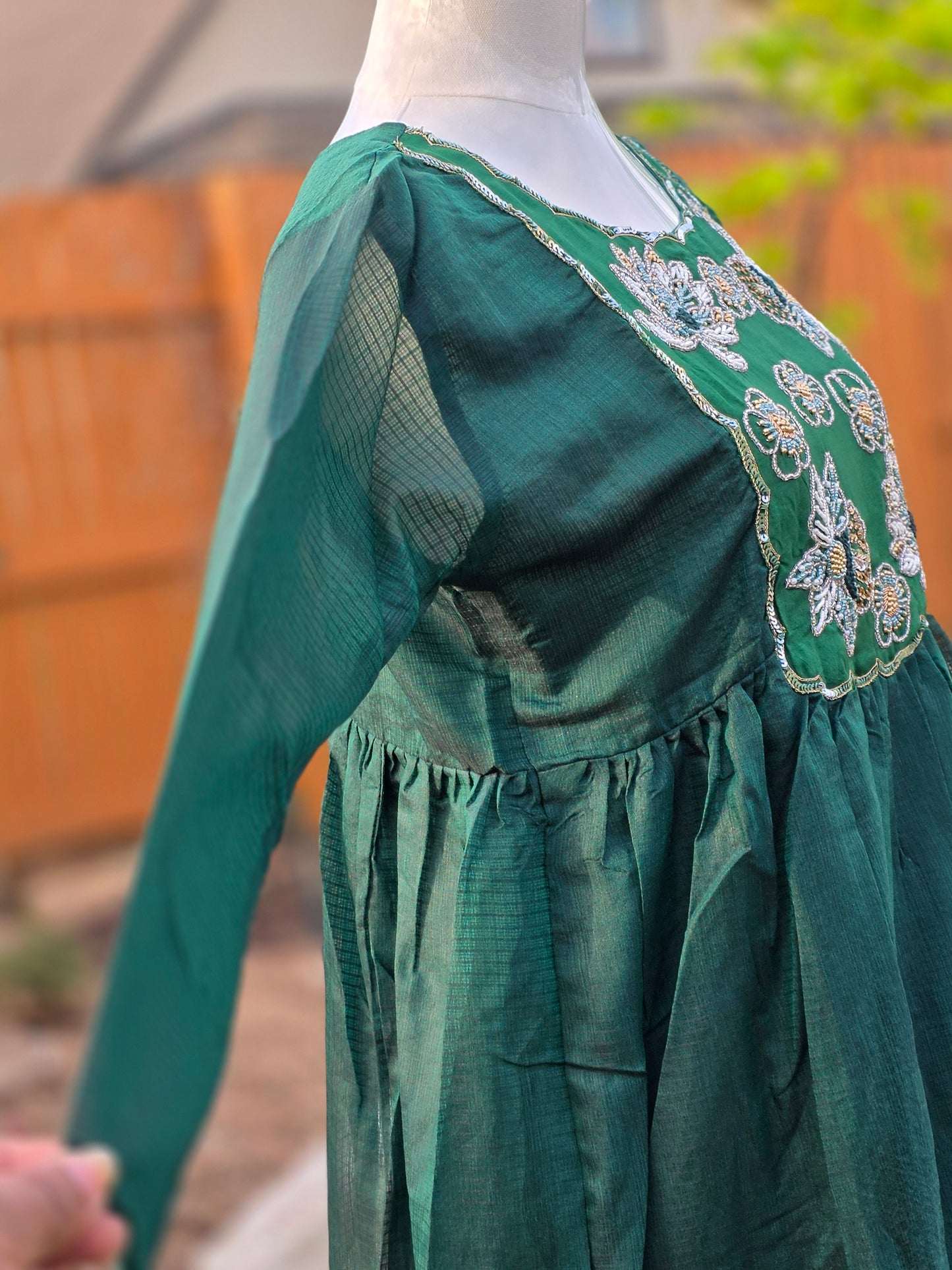 Emerald Garden Kota cotton Embroidered Frock – Bottle Green