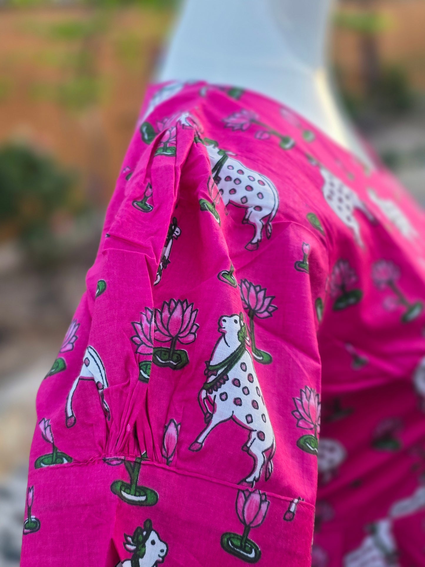 Pink Pichwai Cow and lotus Print Cotton Frock