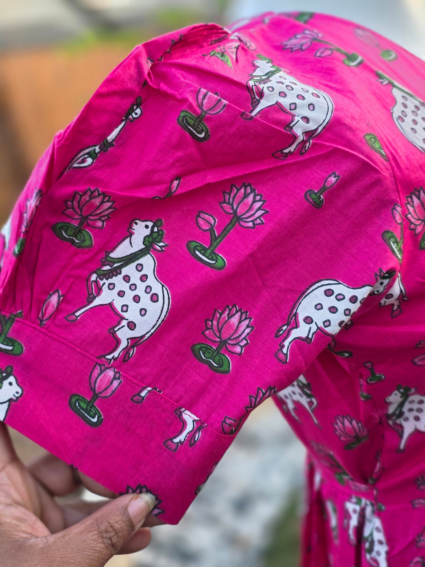 Pink Pichwai Cow and lotus Print Cotton Frock