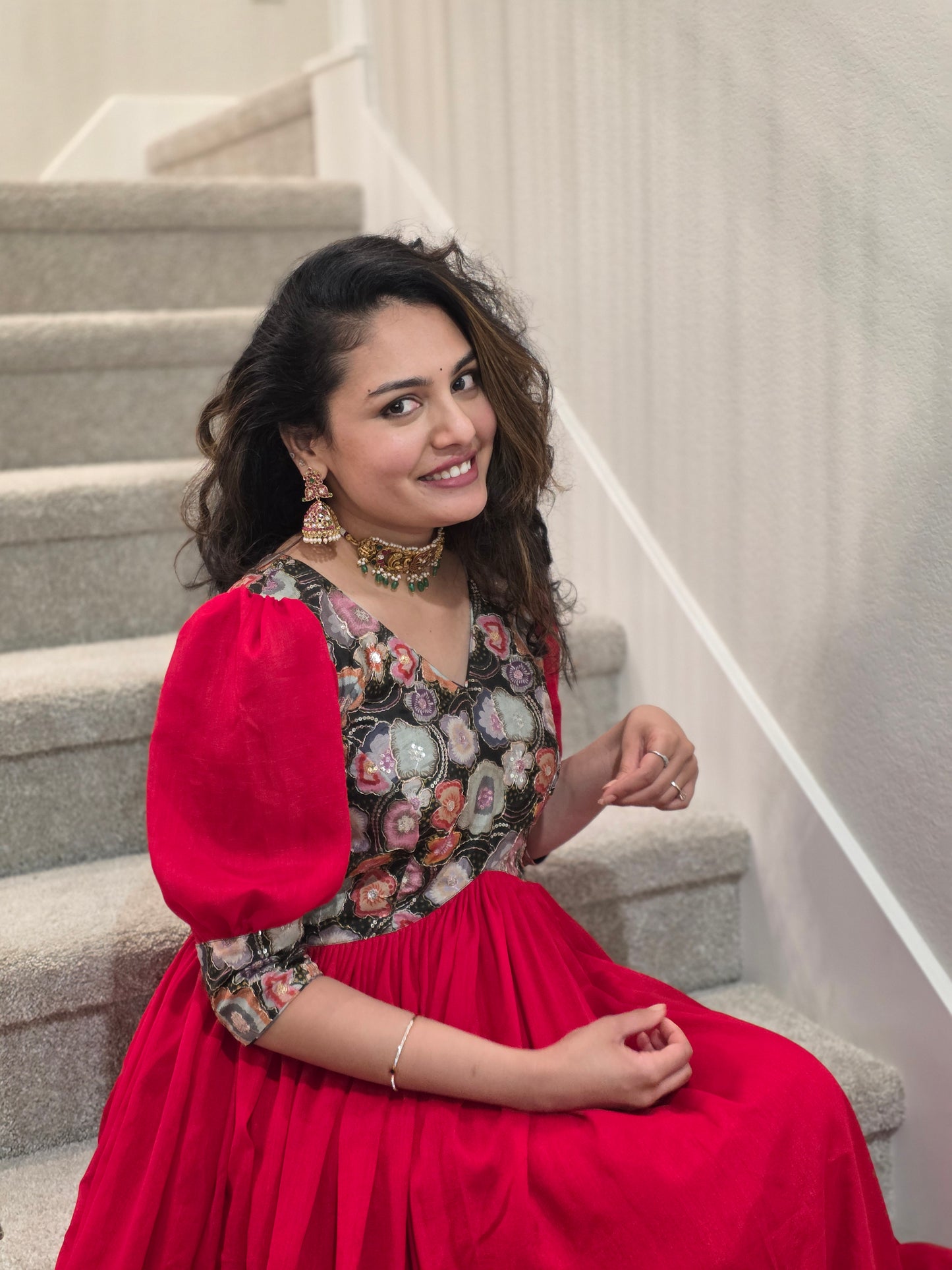 Custom Red Chinon Full Flare Frock with Position Print