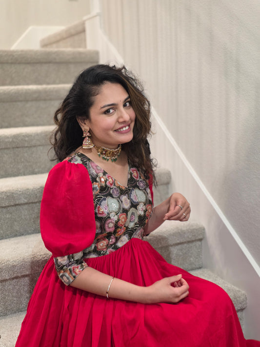 Custom Red Chinon Full Flare Frock with Position Print