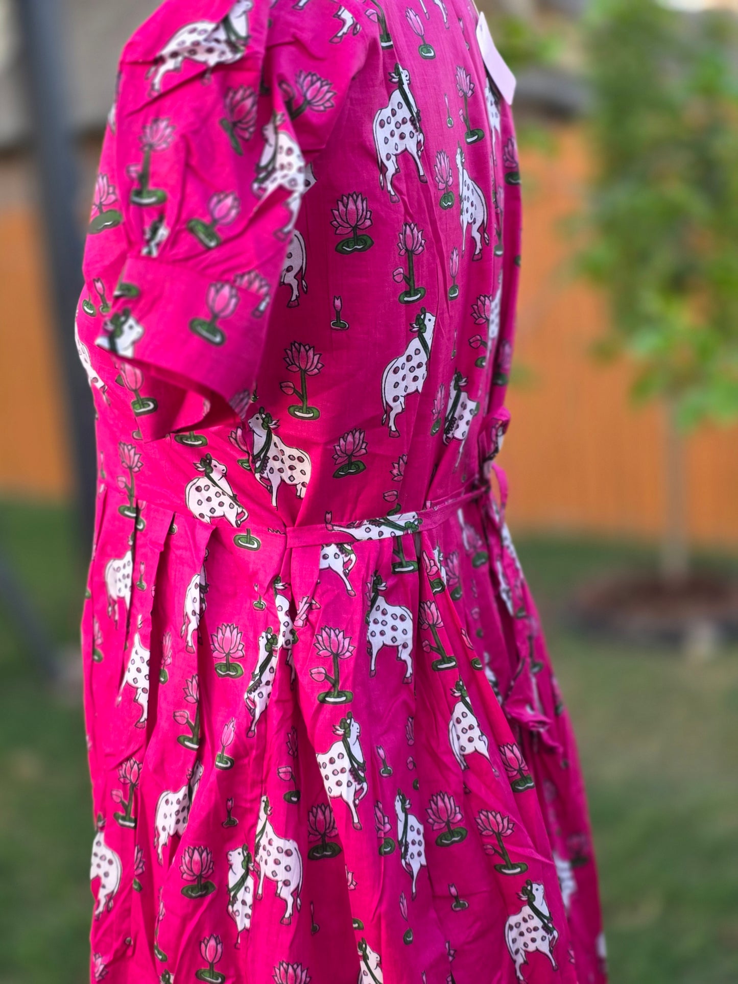 Pink Pichwai Cow and lotus Print Cotton Frock