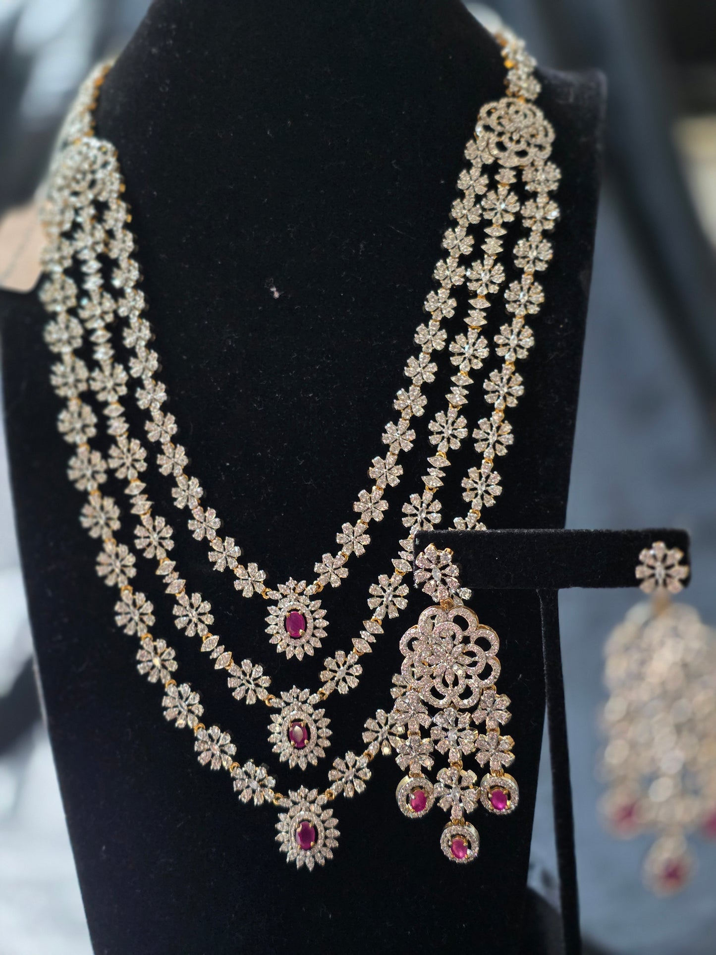 Floral Diamond Triple-Layered Statement Haram – Mint & Ruby Edition