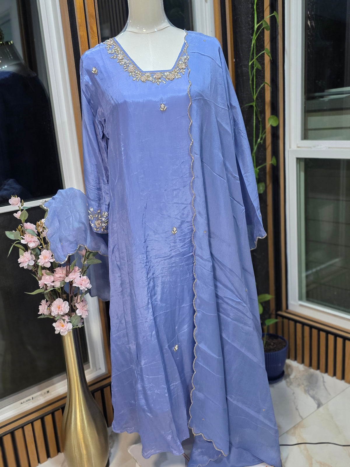 Elegant Crepe Tissue Shine A-Line 3-Piece Suit Set with Embroidered Bottoms