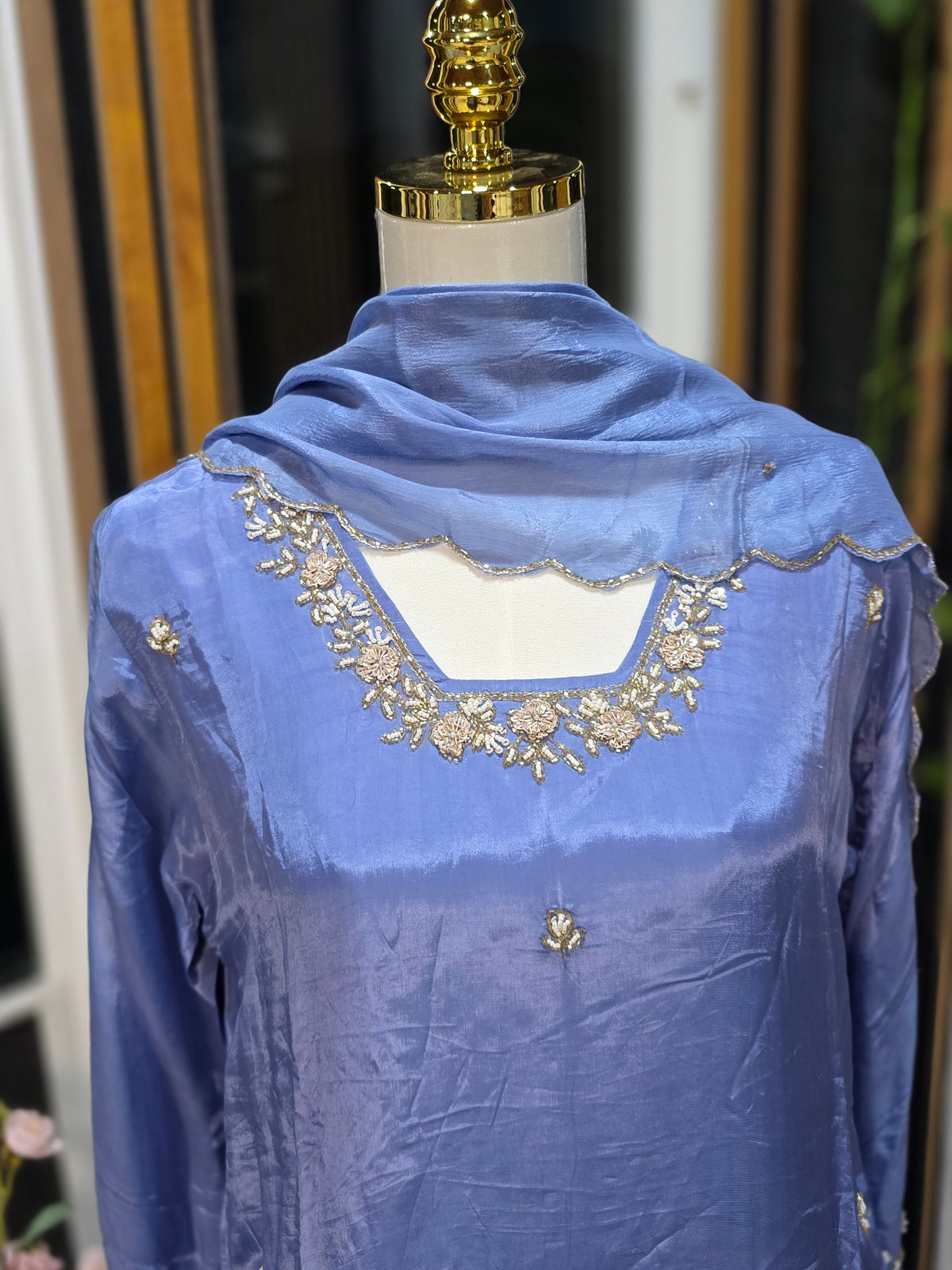 Elegant Crepe Tissue Shine A-Line 3-Piece Suit Set with Embroidered Bottoms