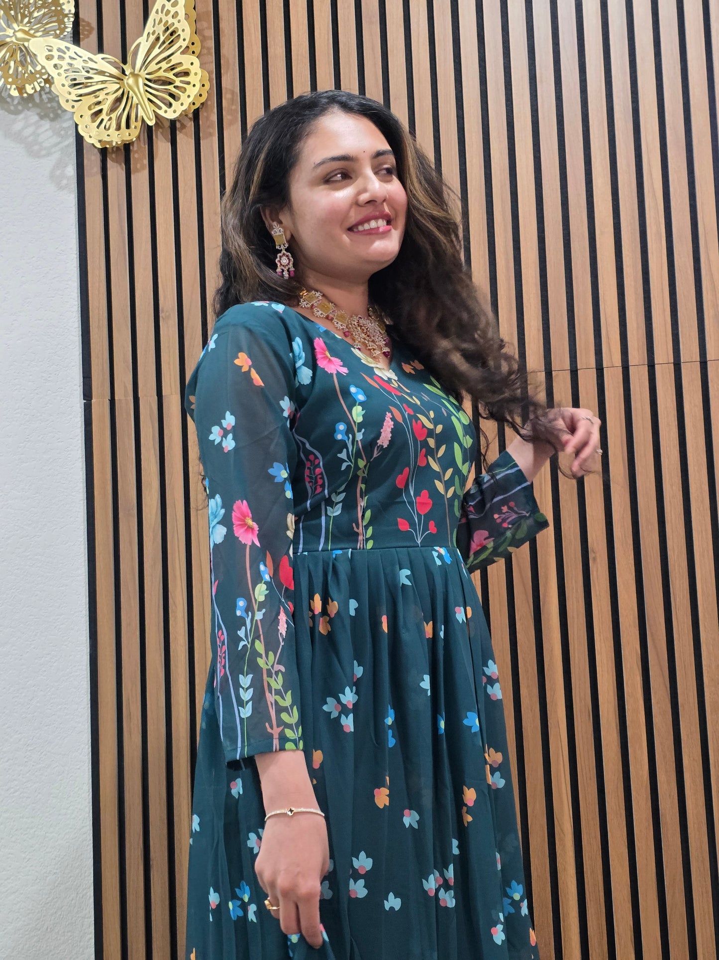 Floral Elegance Bottle Green Georgette Frock