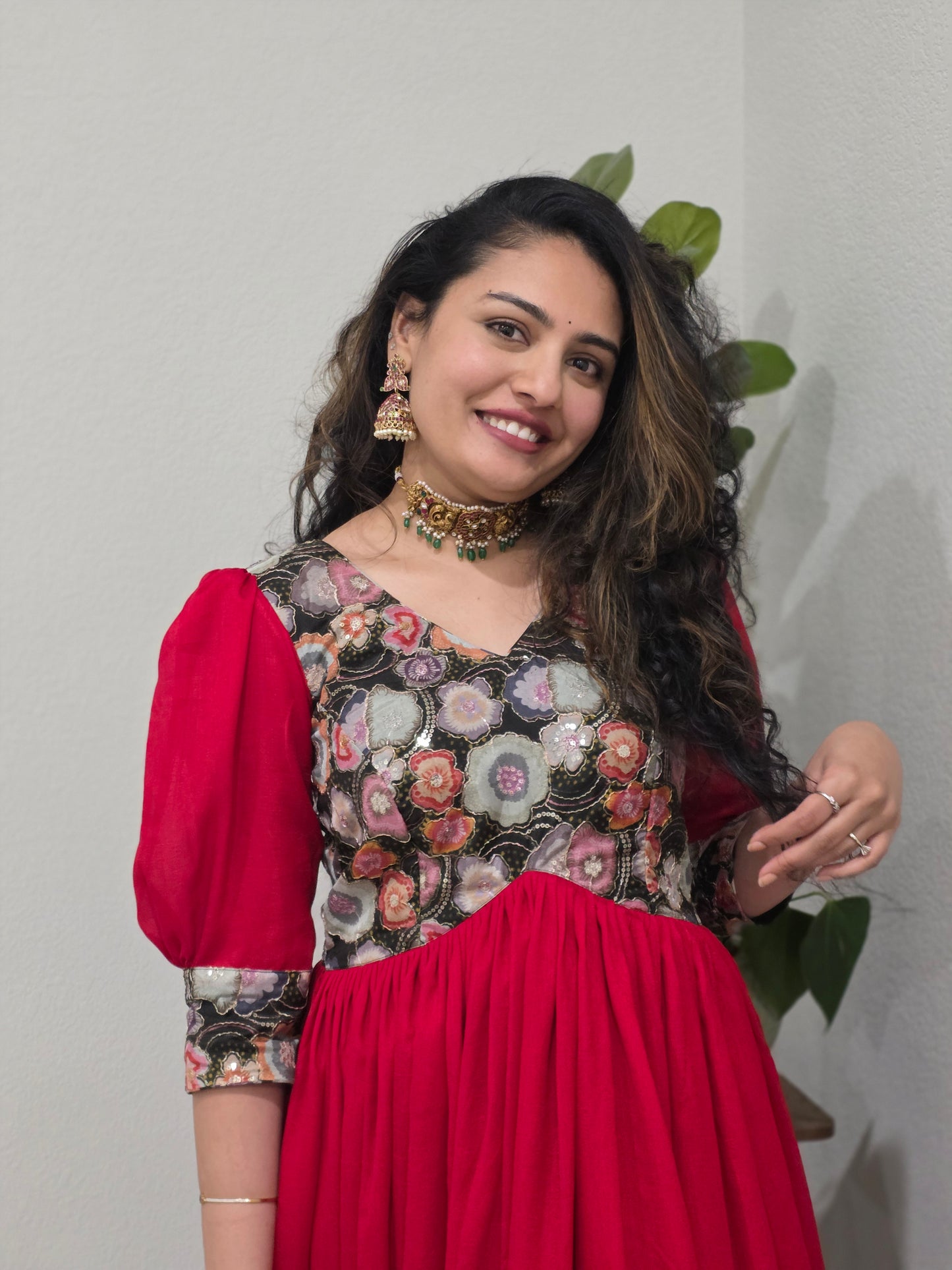 Custom Red Chinon Full Flare Frock with Position Print