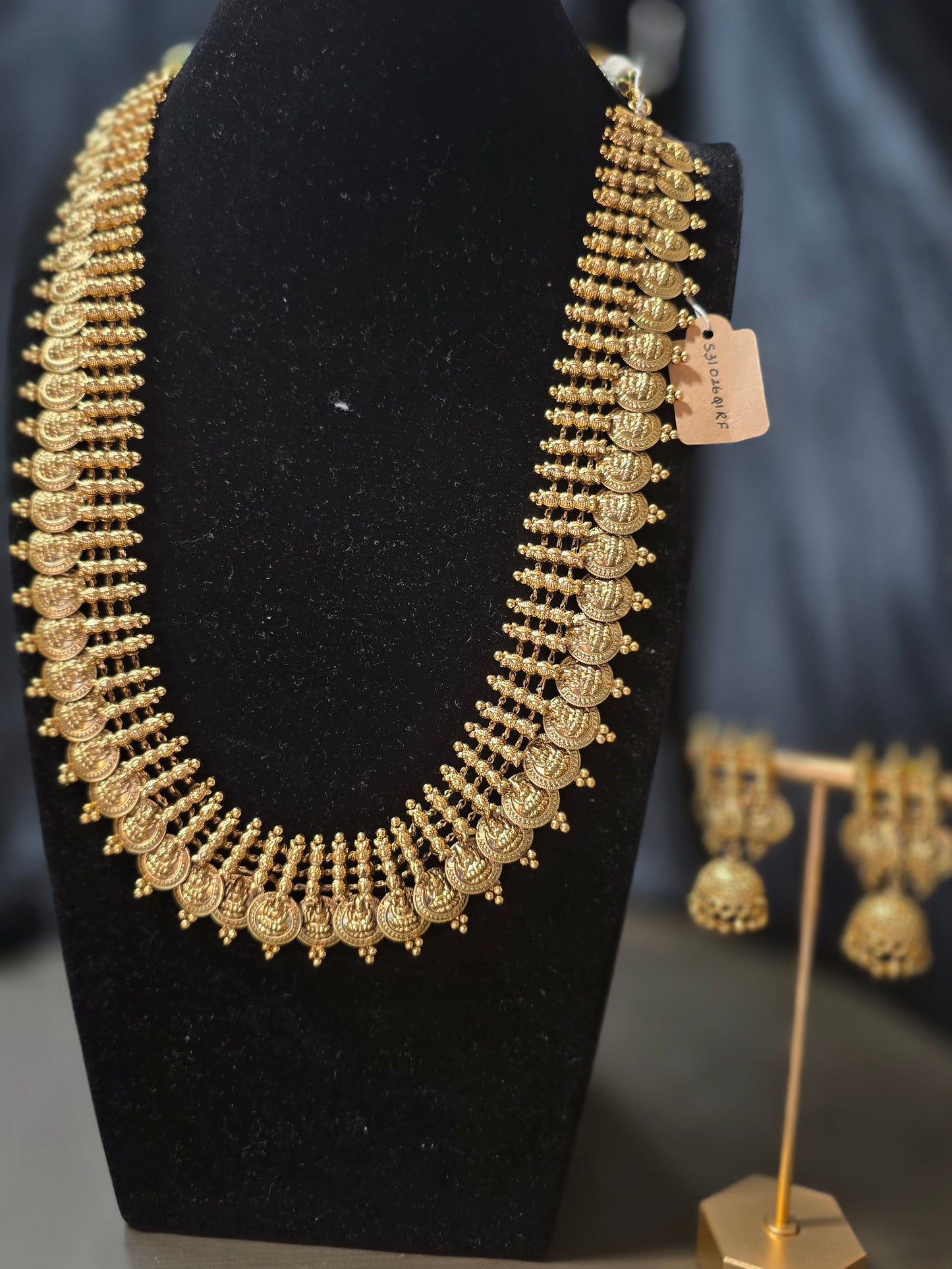 Traditional Kasu Mala Set with Matching Jhumka Earrings – Matte Gold Finish