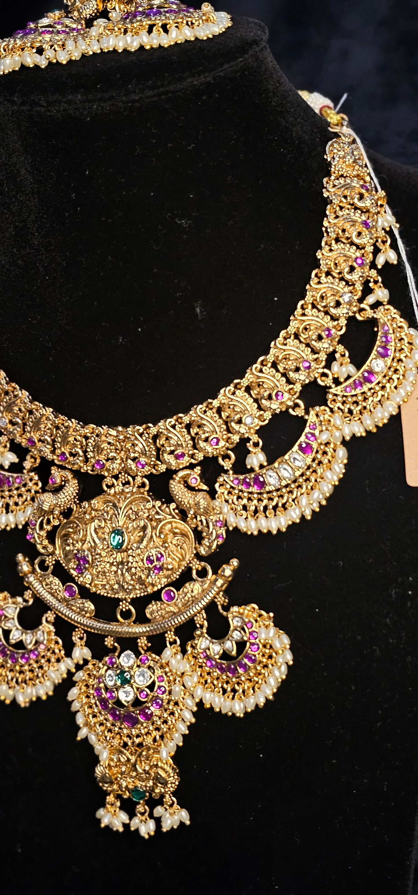 Antique Gold Replica Peacock Statement Necklace Set with Ruby & Emerald Kemp Stones