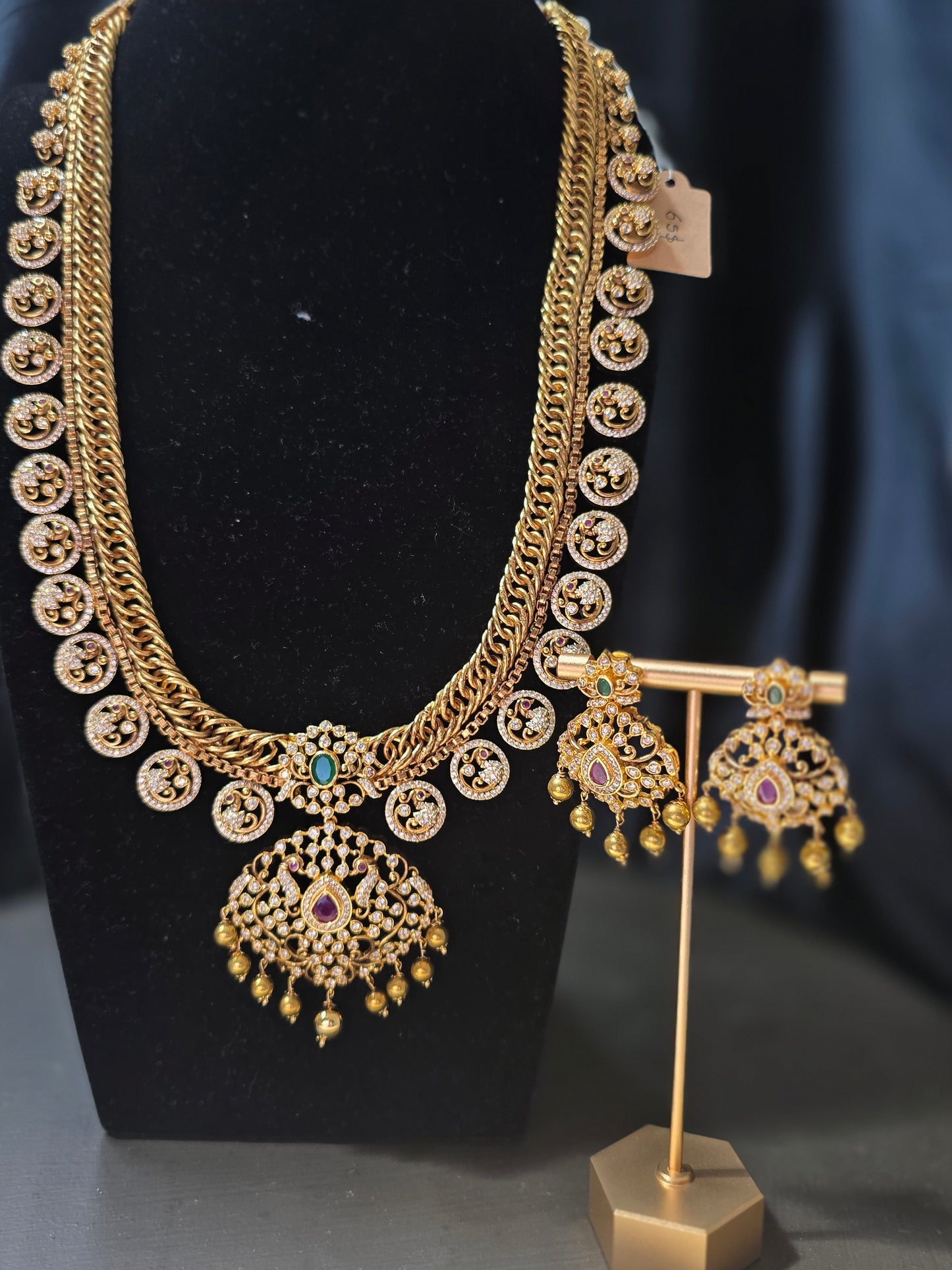Antique Gold-Finish Gulabi & Bottu Mala Fusion Haram with Matching Earrings