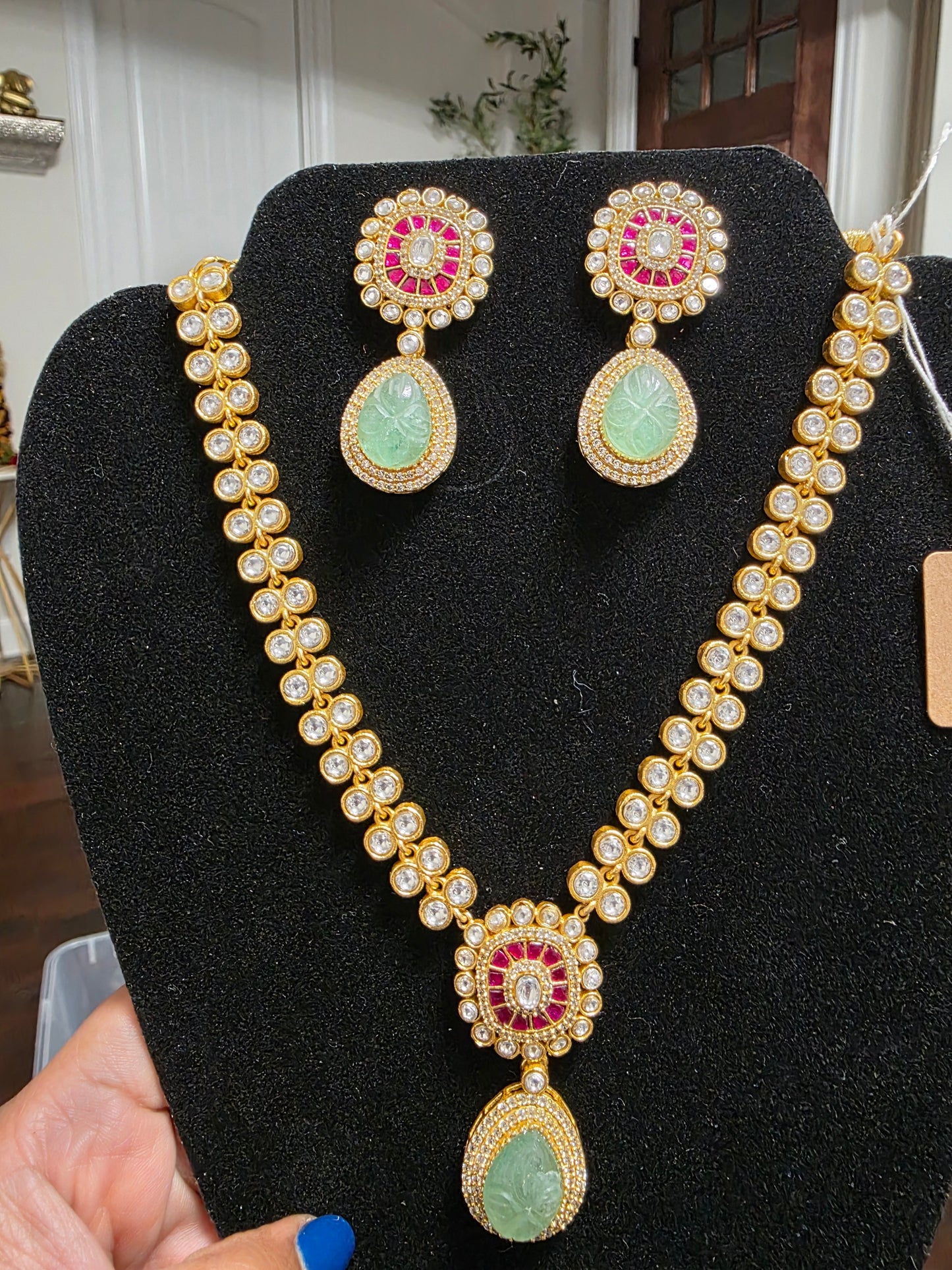 The Regal Mint Fusion Jadau & Moissanite Necklace Set