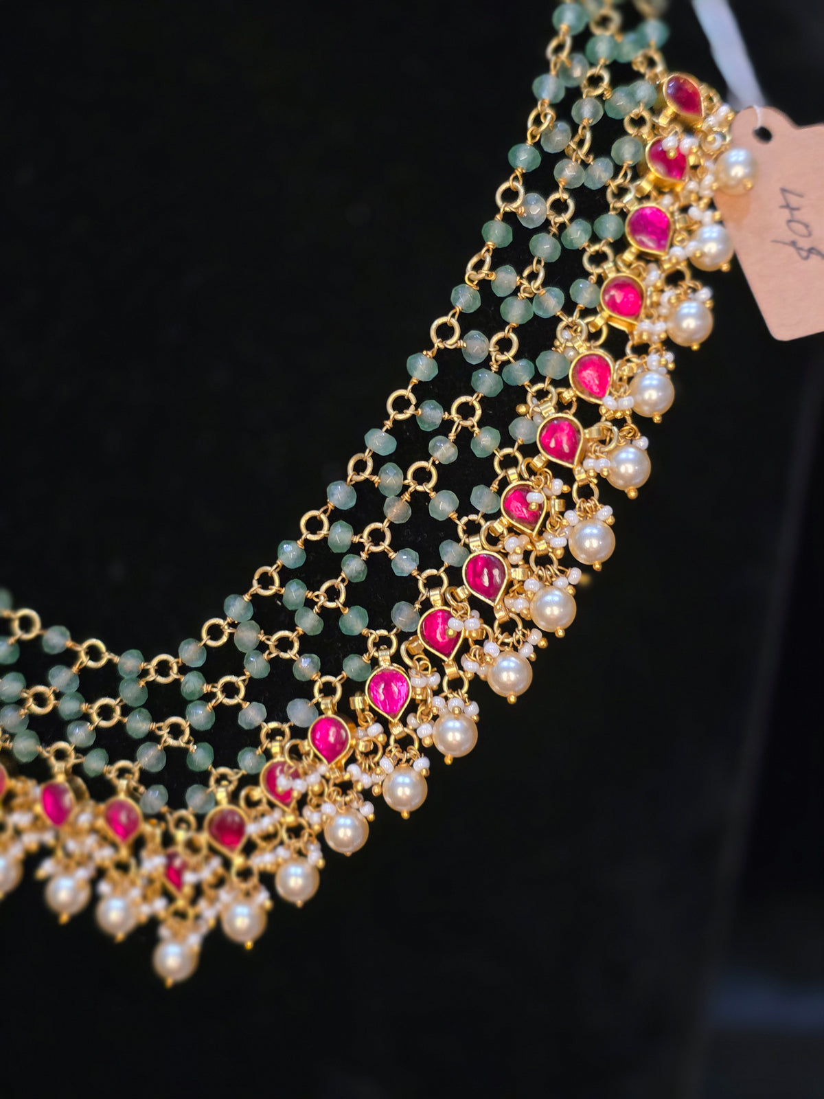 Mesh model beads with jadau kundan and pearl hanging necklace and jadau kundan brass pendent seperate