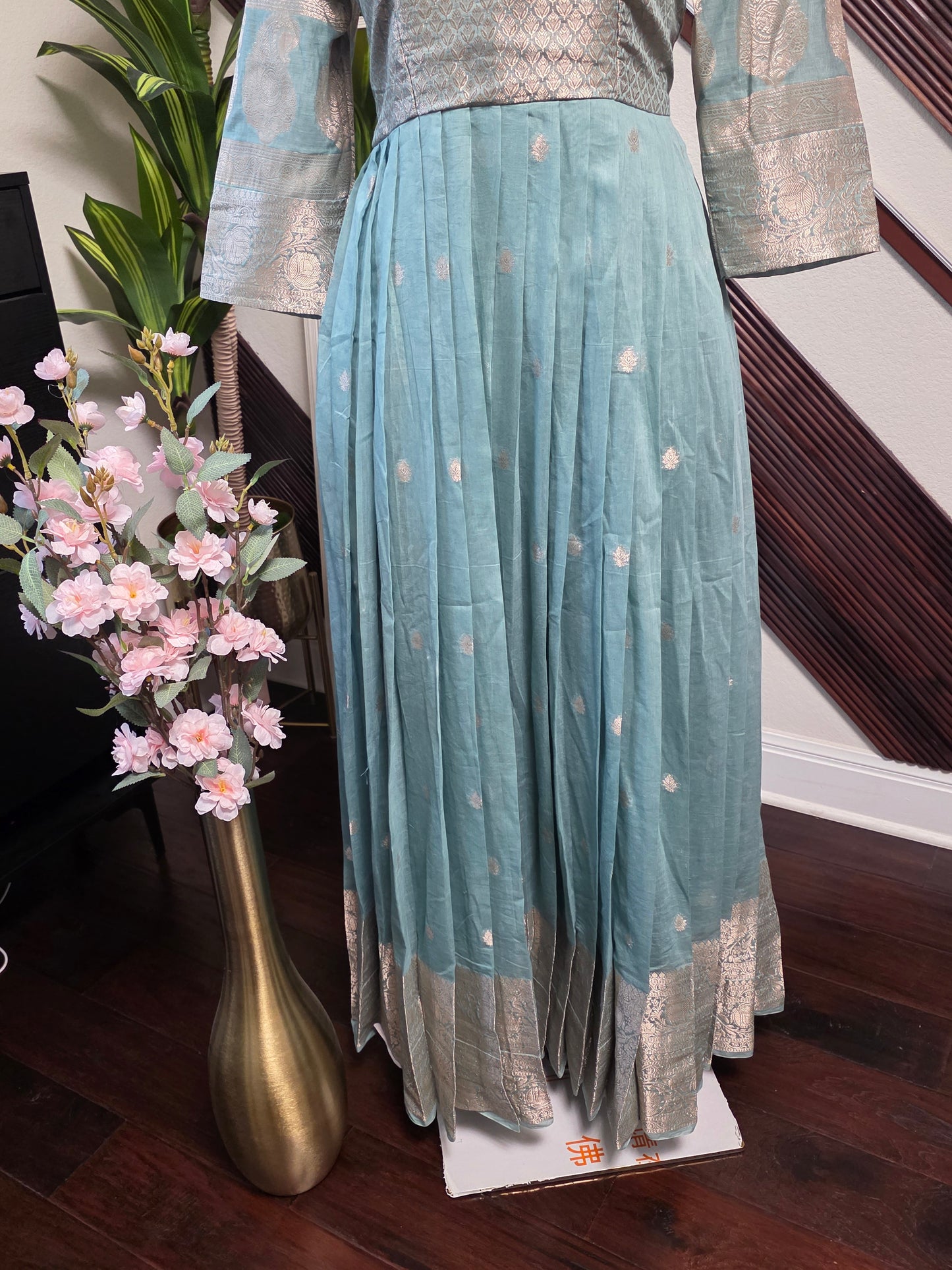 Chanderi cotton light powder blue pleated zero neck full length customized dress