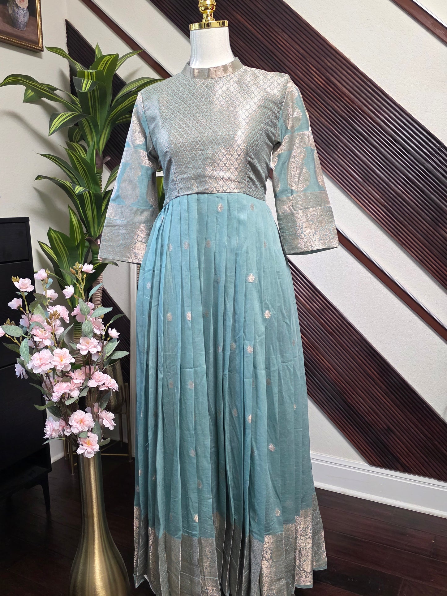 Chanderi cotton light powder blue pleated zero neck full length customized dress