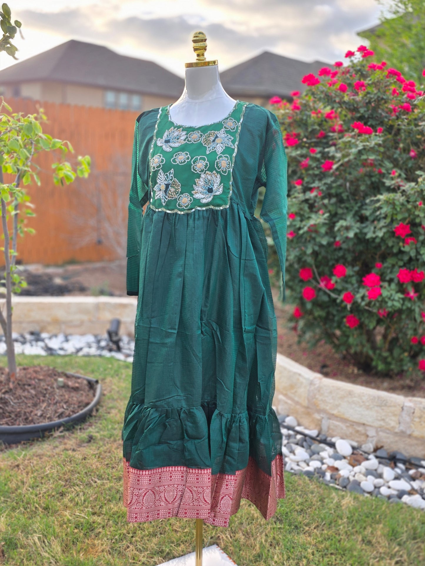 Emerald Garden Kota cotton Embroidered Frock – Bottle Green