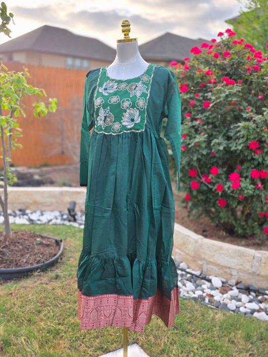 Emerald Garden Kota cotton Embroidered Frock – Bottle Green