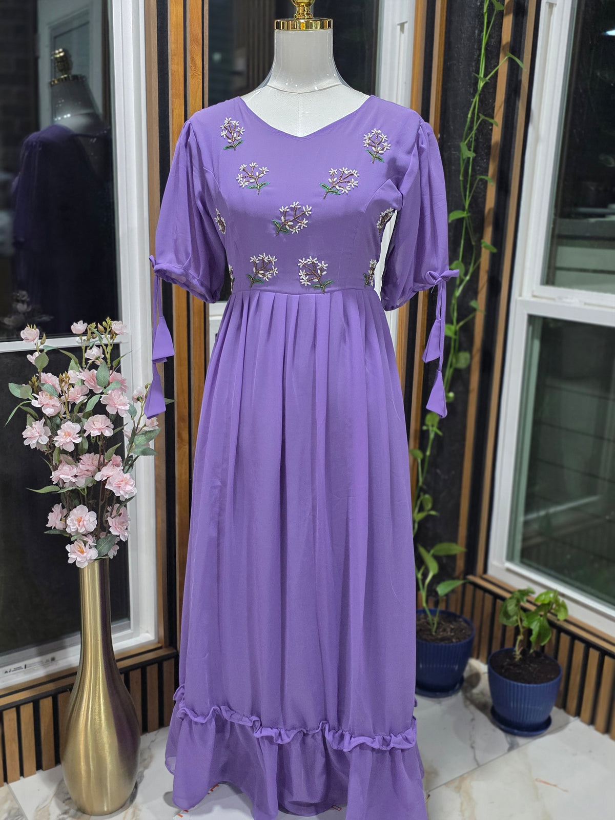 Lilac Georget frock with embroidery