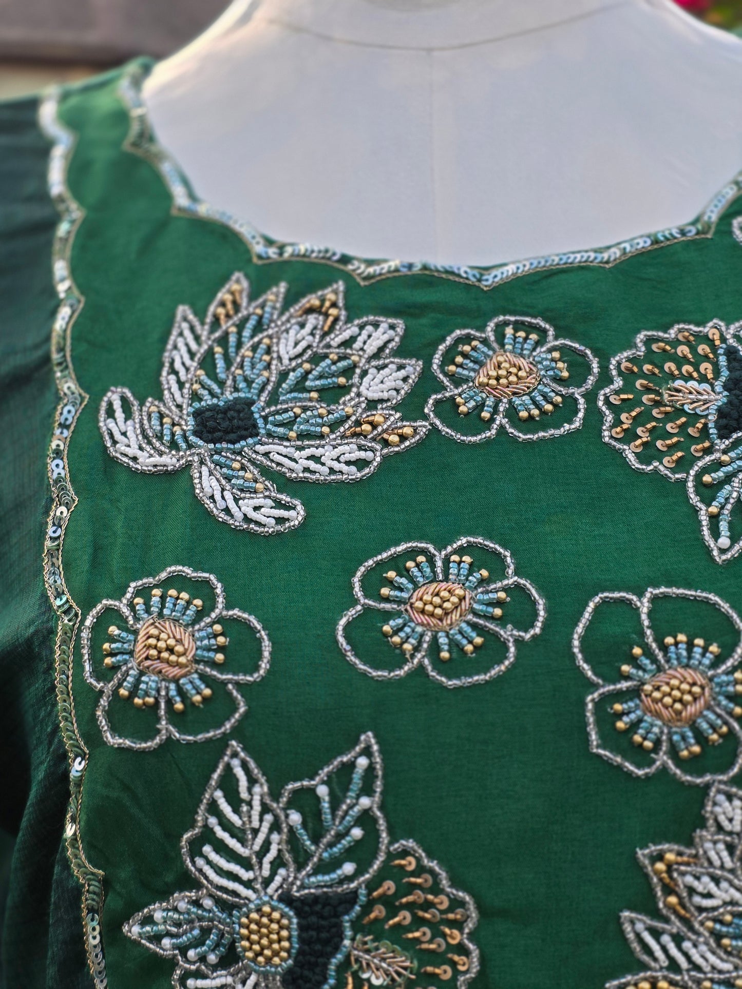 Emerald Garden Kota cotton Embroidered Frock – Bottle Green