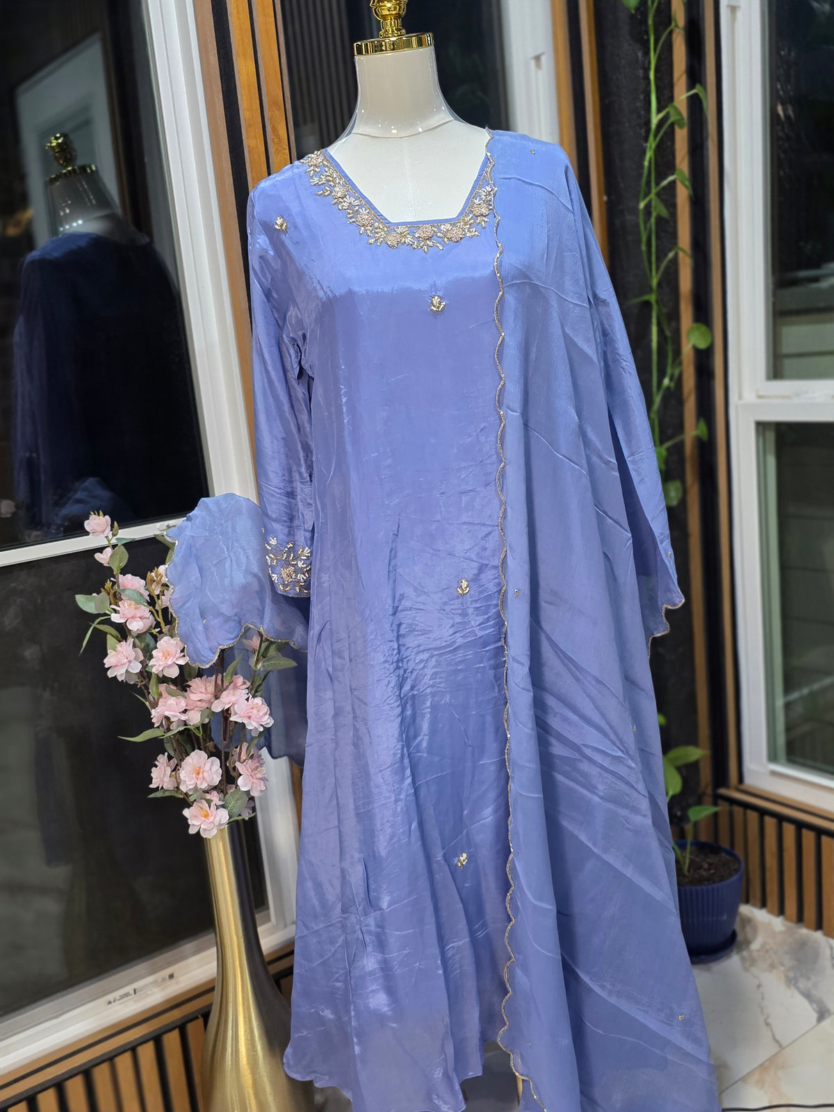 Elegant Crepe Tissue Shine A-Line 3-Piece Suit Set with Embroidered Bottoms