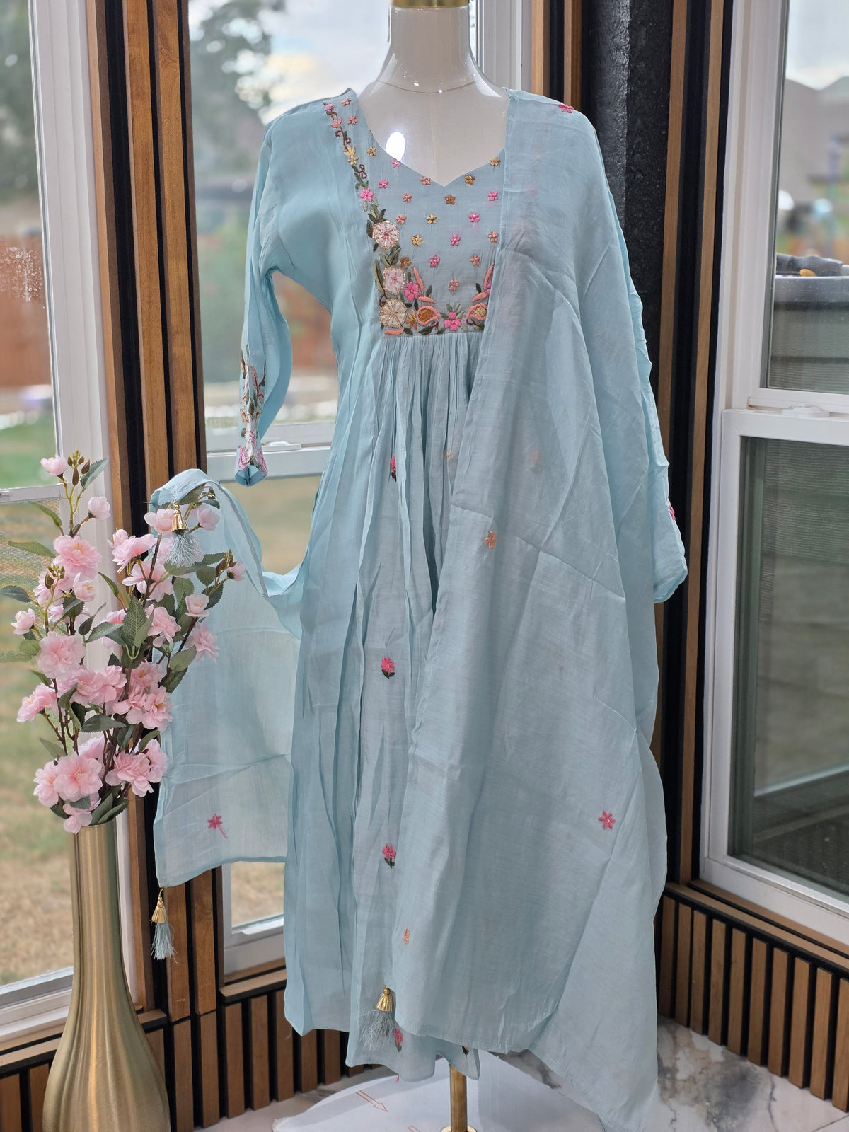 Soft elegant baby blue mull Chanderi 3pc set