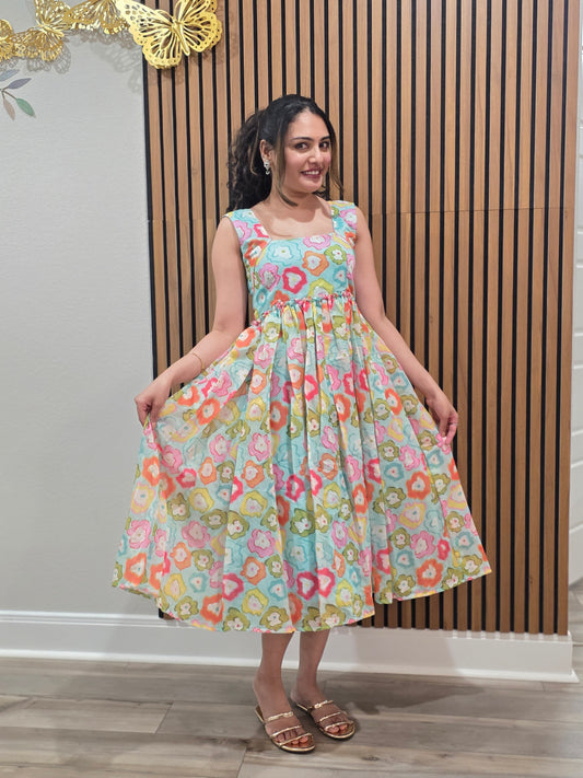 The Doodle Dream Midi – Hand-Drawn Floral Summer Frock